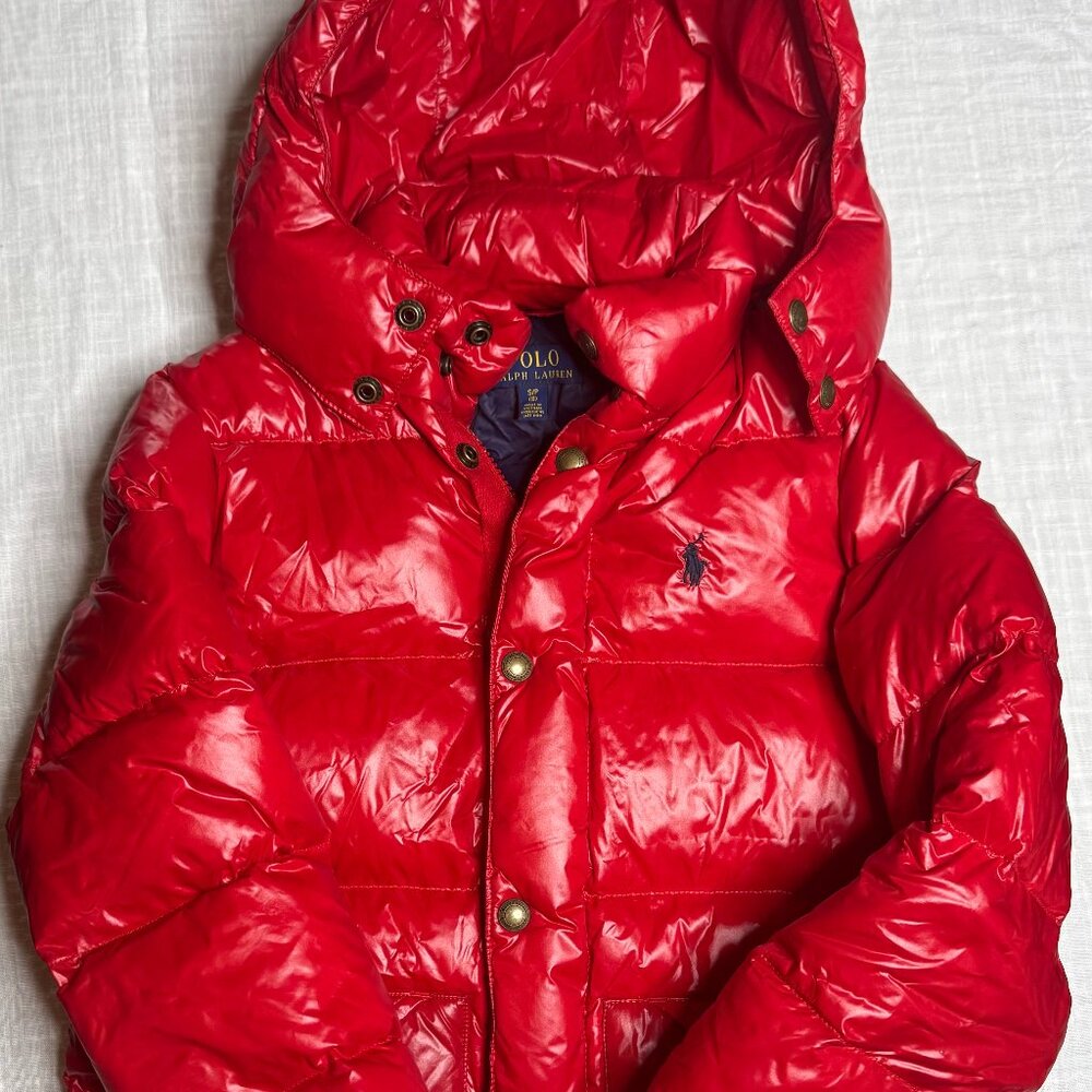 Boys Ralph Lauren Polo Red Down Puffer Jacket with Removable Hood Size 8